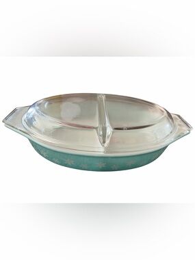 Pyrex Teal Snowflake Divided Casserole Dish with Glass Lid